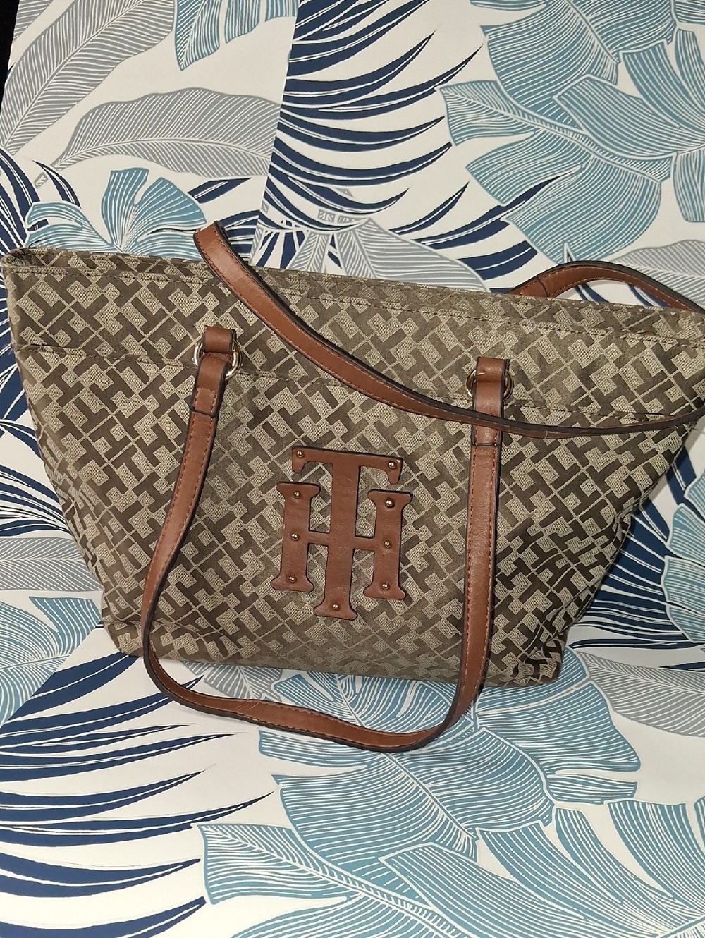 Tommy Hilfiger Brown Logo Jacquard Tote with Leather Trim